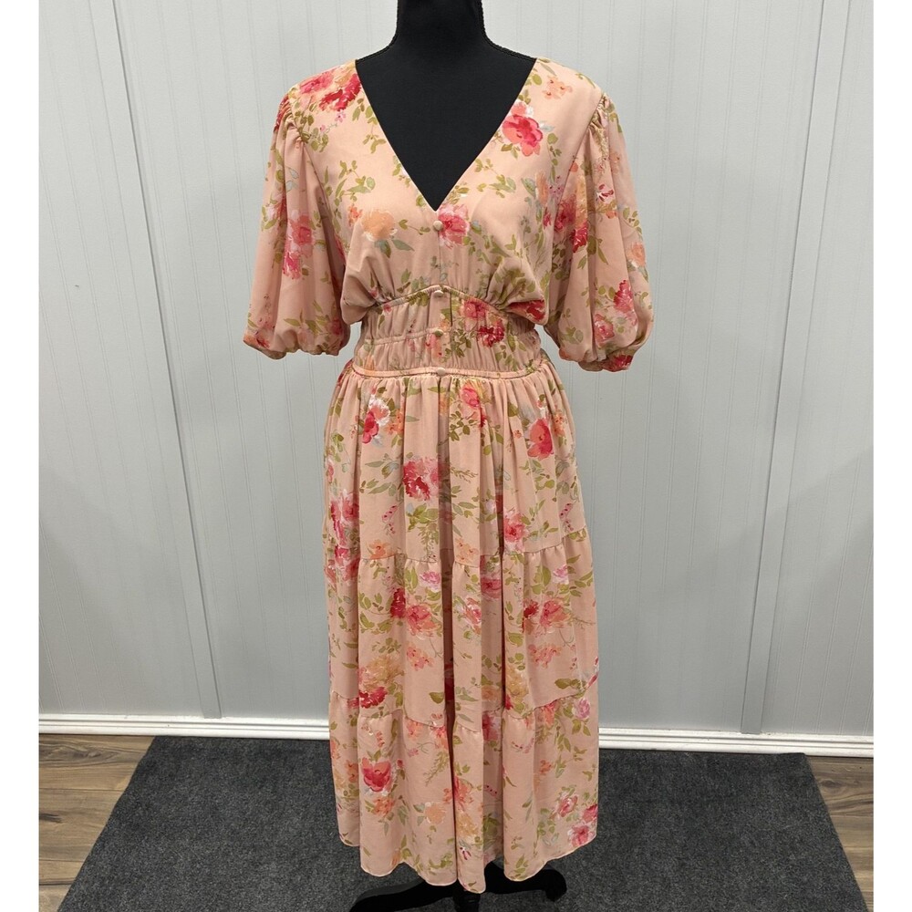 Maison Tara Women's Size 14 Pink Floral Tiered Peasant Maxi Dress Cottagecore